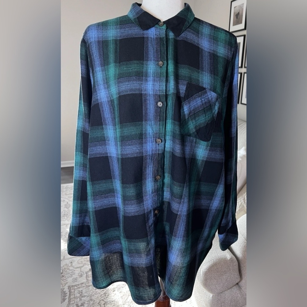 J Jill Soft Plaid Tunic Top Cotton & Tencel Swing Back Size Large